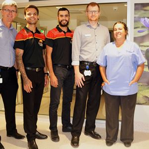 Mark Copland (Mission Executive), Goolburri staff Trent Adams & Michael Hooper, William Mundt (Assistant Director of Clinical Services) & Kim Kaim (Wound Care Nurse)