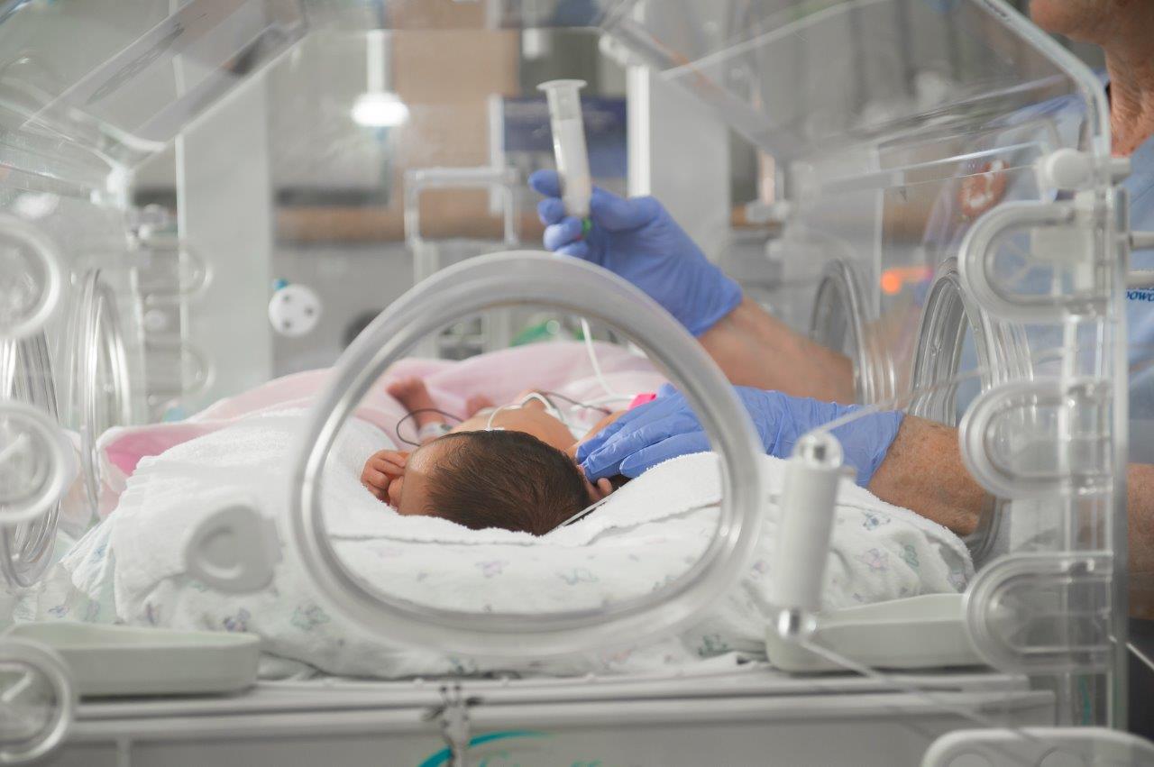 A new born baby is treated in a humidy crib